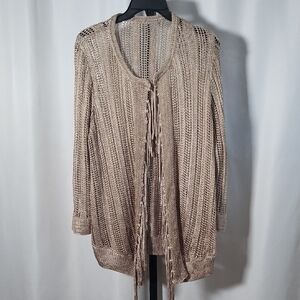 Chico's Muted Metallic Gold Knit Open Front Cardigan with Tassels - SZ 2 - NWT